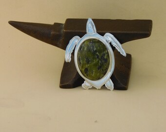 Unique Sterling Silver Green Sea Turtle Pendant with a Chester County (PA) Serpentine Cabochon.