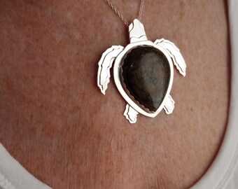 Unique Hand-crafted Sterling Silver Loggerhead Sea Turtle Pendant with a Bronzite Cabochon