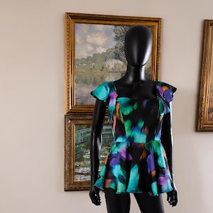 Handmade Colorful Peplum Top Size 8, Ruffle Shoulder Statement Blouse, Abstract Print Party Top, One of a Kind Women’s Top