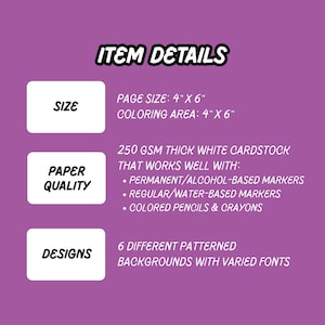 Puede incluir: Gr&aacute;fico p&uacute;rpura con texto blanco que detalla el tama&ntilde;o, la calidad del papel y los dise&ntilde;os del art&iacute;culo. El tama&ntilde;o de la p&aacute;gina y el &aacute;rea de coloreado son 10,16 cm x 15,24 cm. El papel es cartulina blanca gruesa de 250 g/m&sup2;.