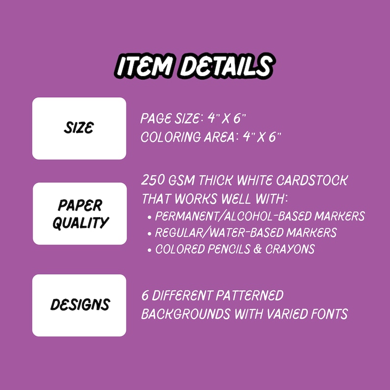 Puede incluir: Gr&aacute;fico p&uacute;rpura con texto blanco que detalla el tama&ntilde;o, la calidad del papel y los dise&ntilde;os del art&iacute;culo. El tama&ntilde;o de la p&aacute;gina y el &aacute;rea de coloreado son 10,16 cm x 15,24 cm. El papel es cartulina blanca gruesa de 250 g/m&sup2;.