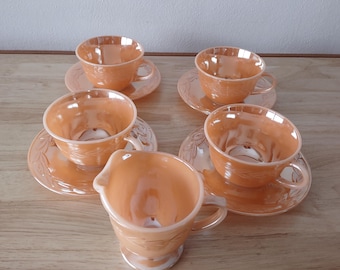 Vintage Fire-King Peach Luster Laurel 9 pieces - 4 Cups 4 Saucers Creamer Fire King Lustre Pastel Orange Dishes MCM