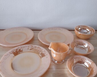 Vintage Fire-King Peach Luster Laurel 7 pieces - 3 Plates 2 Small Bowls 1 Bowl 1 Creamer Fire King Lustre Pastel Orange Dishes MCM