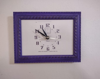 Antiqued Purple & Gold wood frame Clock - Beacon dial - Handcrafted Picture Frame Wall Clock with new continuous battery quartz movement