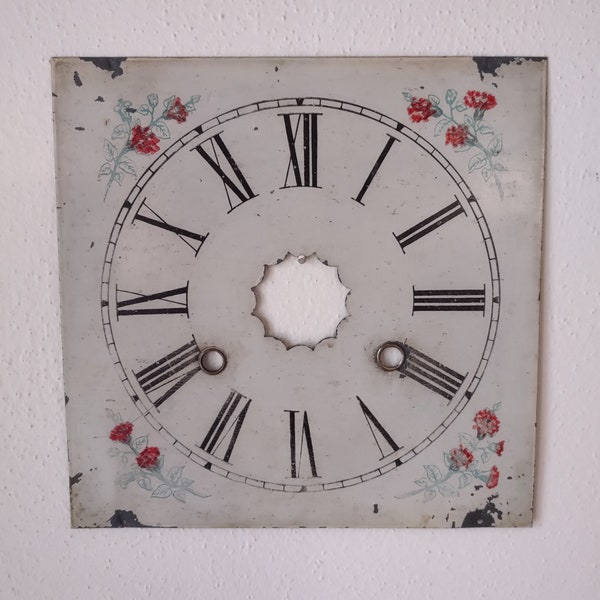 Antique Seth Thomas Clock Dial Metal Painted Square Ogee Face Flowers Farmhouse Shabby
