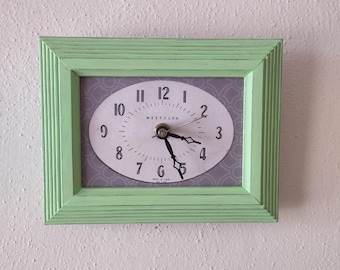 Antiqued Bright Green wood frame Clock - Westclox dial - Handcrafted Picture Frame Wall Clock with new continuous battery quartz movement