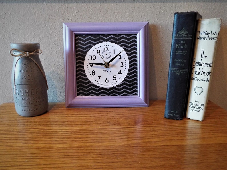 Handcrafted Picture Frame Wall Clock with new quartz movement Repurposed Antiqued Lavender Purple frame Clock Westclox Big Ben Dial