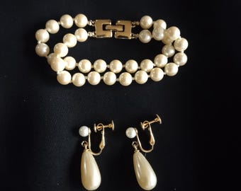 Vintage Monet Double Strand Faux Pearl Bracelet & Dangle Teardrop Earrings Pearls