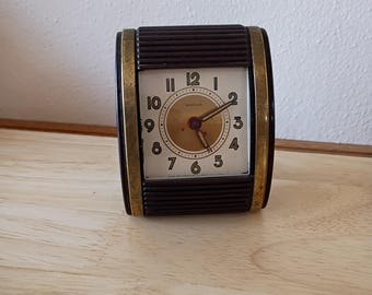 Vintage Westclox Travalarm wind-up roll-top brown Travel Alarm Clock - Working- Art Deco Bakelite