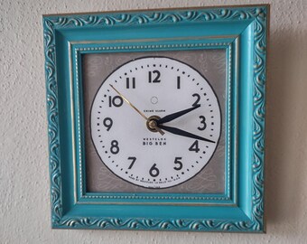 Repurposed Antiqued Turquoise Blue Gold frame Clock General Electric Dial - Handcrafted Picture Frame Wall Clock with new quartz movement