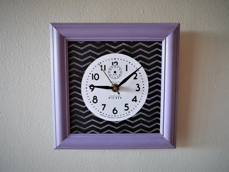 Handcrafted Picture Frame Wall Clock with new quartz movement Repurposed Antiqued Lavender Purple frame Clock Westclox Big Ben Dial