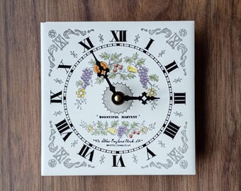 Vintage New England Clock "Bountiful Harvest" Ceramic Tile Wall Clock Fruit Flowers Kitchen