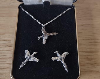 Black Hills Silver Pheasant Earrings & 18" Necklace w/ Pendant Sterling Set - Gems by Jim - Spearfish SD vintage