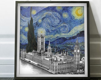 Van Gogh Starry Night London Canvas Print: Big Ben Wall Art