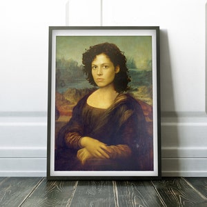 May include: A portrait of a woman with dark curly hair, painted in the style of the Mona Lisa. The woman is wearing a dark brown dress and has a neutral expression on her face.
