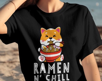Ramen N Chill Tee, Cute Kawaii Dog Graphic T-Shirt, Funny Noodle Lover Gift
