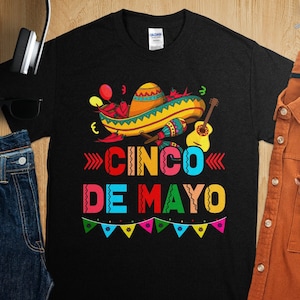 Colorful Cinco de Mayo Sombrero Guitar and Maracas Shirt, Festive Mexican Holiday Celebration Tee, Fun Party T-Shirt