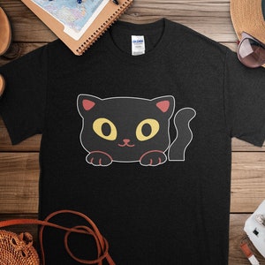 Adorable Black Cat Cartoon T-Shirt, Cute Kitten Tee for Cat Lovers, Unisex Cat Graphic Shirt