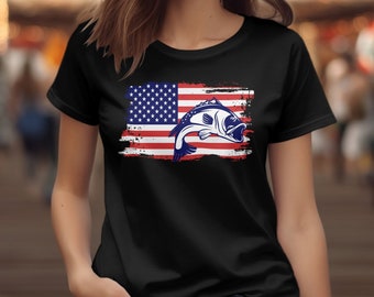 Bass Fishing Shirt, American Flag Fish Tee, Patriotic Angler Gift for Men