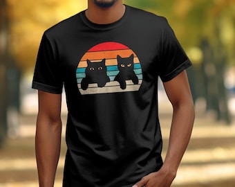 Vintage Retro Sunset Black Cats T-Shirt, Cat Mom Dad Gift
