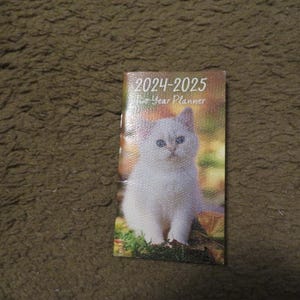 Pode incluir: Um gatinho branco com olhos azuis é apresentado na capa de um planejador para o Ano Novo de 2024-2025.