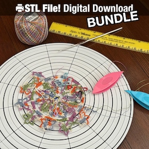 May include: A craft supplies bundle featuring a white and black circular design, colorful thread, a yellow ruler, a crochet hook, and two shuttles. The image includes the text "STL File! Digital Download BUNDLE".