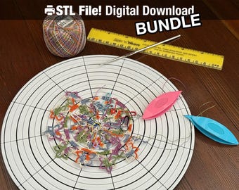 May include: A craft supplies bundle featuring a white and black circular design, colorful thread, a yellow ruler, a crochet hook, and two shuttles. The image includes the text "STL File! Digital Download BUNDLE".