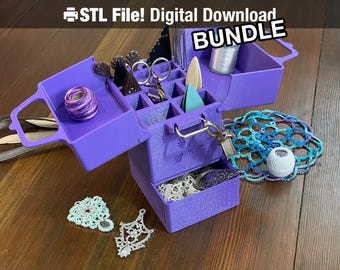 May include: A purple craft organizer with multiple compartments, open to display various sewing and crafting supplies. Includes scissors, spools of thread, and lace. The text "STL File! Digital Download BUNDLE" is visible.