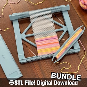 May include: A light blue weaving loom with a partially woven colorful textile. A matching light blue comb and shuttle are also present, along with a ball of yarn and loose threads. The image includes the text "BUNDLE STL File! Digital Download".