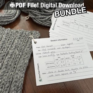 May include: A digital download bundle featuring a gray knitted wool swatch, yarn skeins, and project planning sheets. The swatch is labeled with details including yarn type, color, and dimensions. The text "PDF File! Digital Download BUNDLE" is visible.