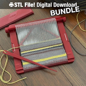 May include: A red weaving loom with white threads and a partially woven textile in gray, yellow, and brown. A red comb and needle are included. The text "STL File! Digital Download BUNDLE" is at the top.