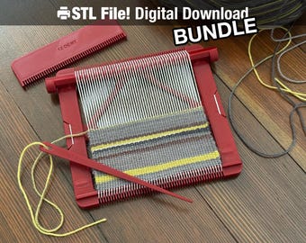 May include: A red weaving loom with white threads and a partially woven textile in gray, yellow, and brown. A red comb and needle are included. The text "STL File! Digital Download BUNDLE" is at the top.