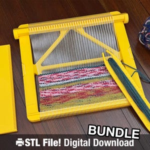 May include: A yellow weaving loom with a partially woven textile in shades of red, green, and yellow. A yellow comb and a weaving shuttle with green thread are included. A ball of multicolored yarn sits nearby. The image includes the text "BUNDLE" and "STL File! Digital Download".