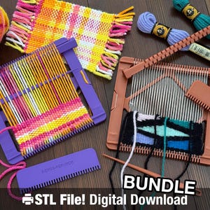 May include: A craft bundle featuring weaving looms, yarn, and woven samples in vibrant colours. The looms are purple and brown, with combs and spools of thread. The text "BUNDLE STL File! Digital Download" is visible.