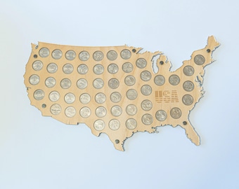 Espositore per monete da un quarto di dollaro dei 50 stati degli Stati Uniti (per 50 o 56 monete), mappa in legno personalizzata