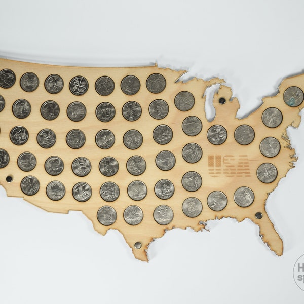 The US 50 State Quarter coin holder (for 50 or 56 coins), Wooden Map Display