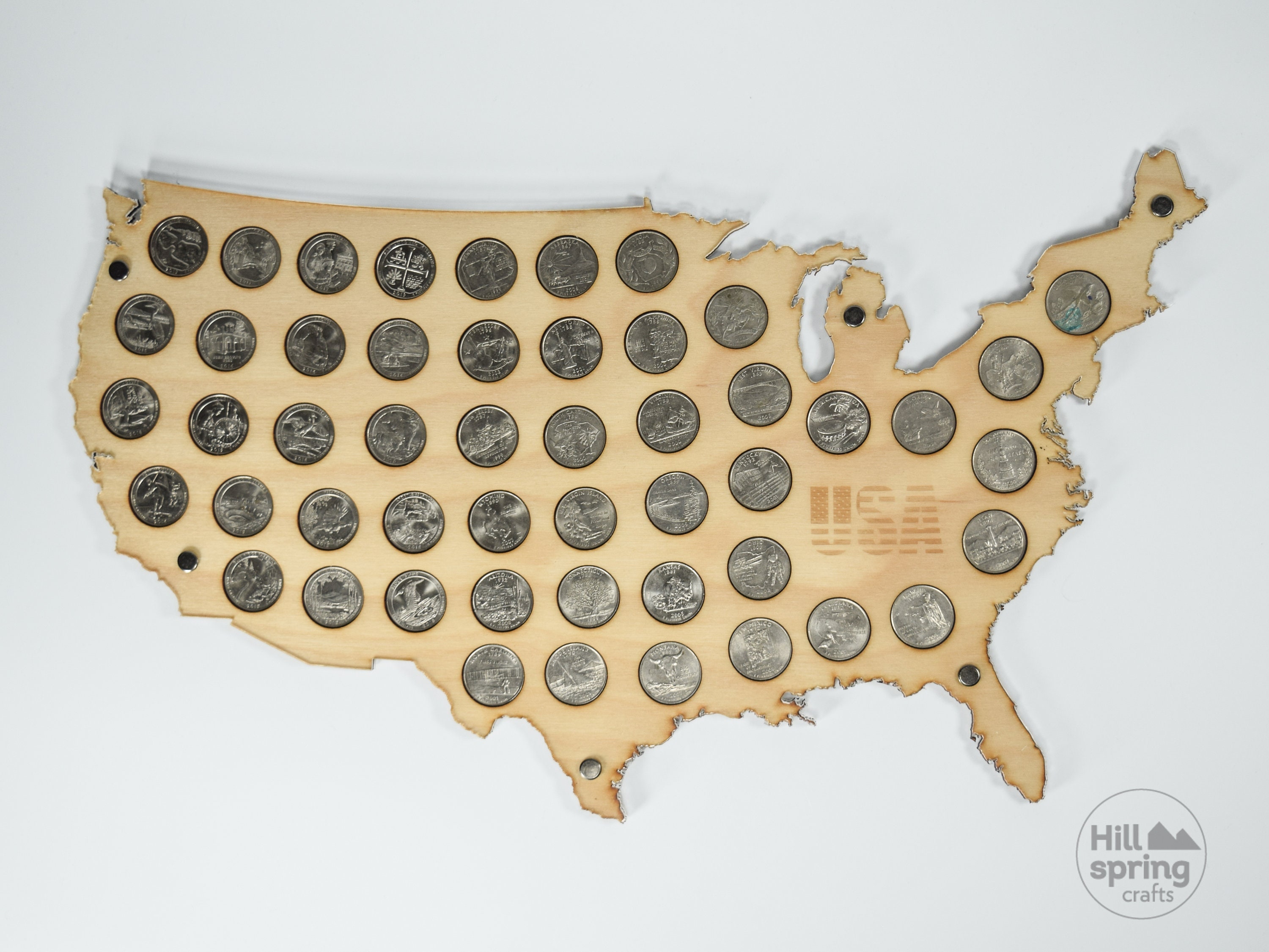 The US 50 State Quarter coin holder (for 50 or 56 coins), Wooden Map Display