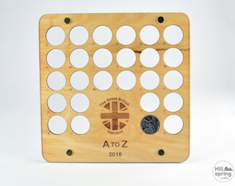 British Coin Hunt - Espositore da 10 pence con alfabeto, porta monete in compensato di betulla