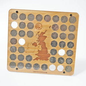 Myntdisplay, hållare för brittiska 50-pencemynt (1997-2022), med möjlighet till anpassning