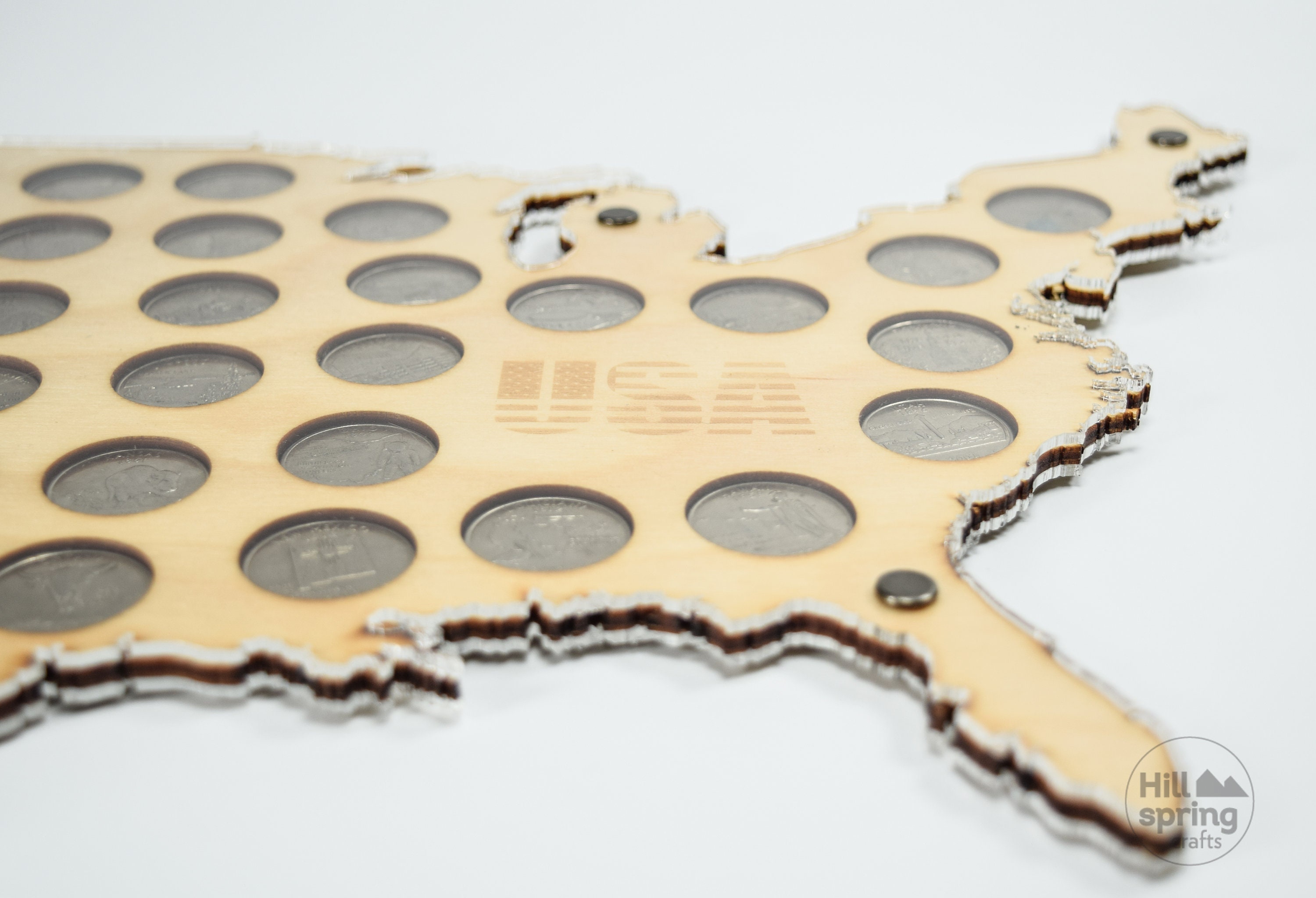 The US 50 State Quarter coin holder (for 50 or 56 coins), Wooden Map Display
