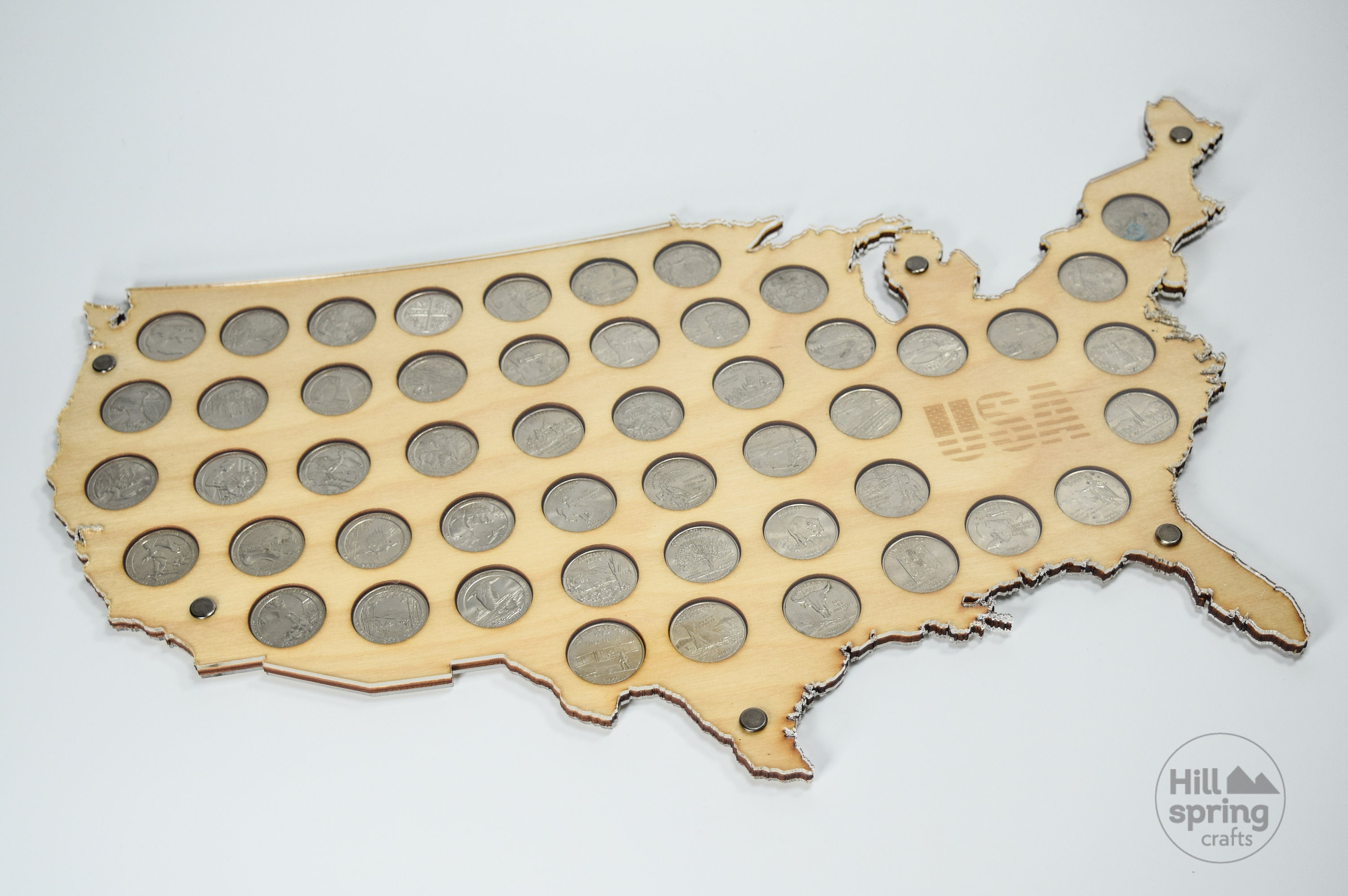 The US 50 State Quarter coin holder (for 50 or 56 coins), Wooden Map Display