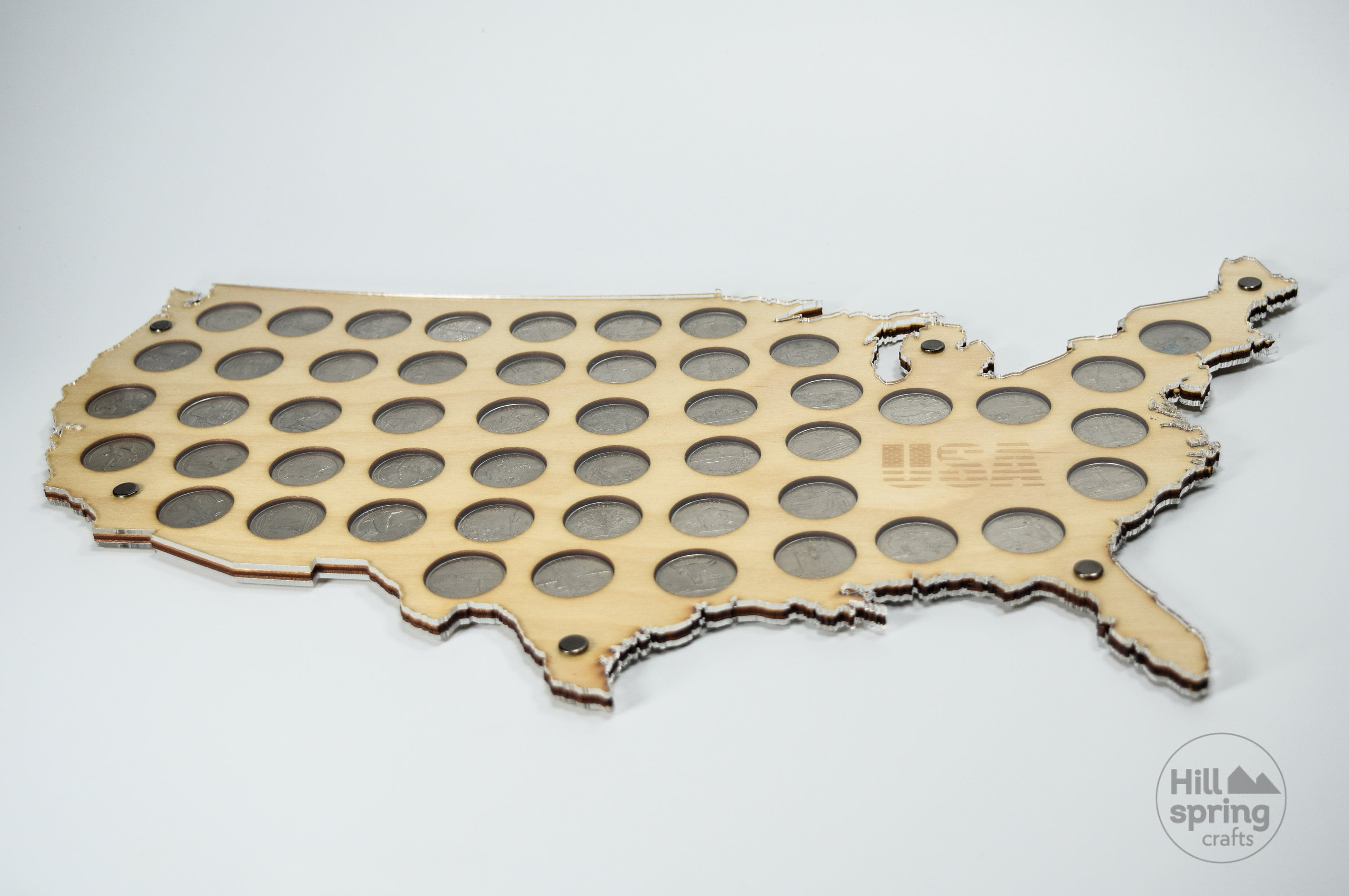 The US 50 State Quarter coin holder (for 50 or 56 coins), Wooden Map Display