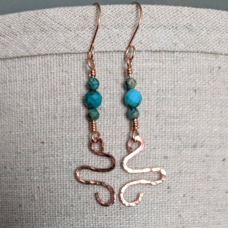 Natural Turquoise Swirl Dangle Beaded Turquoise Earrings Hammered Copper Earrings