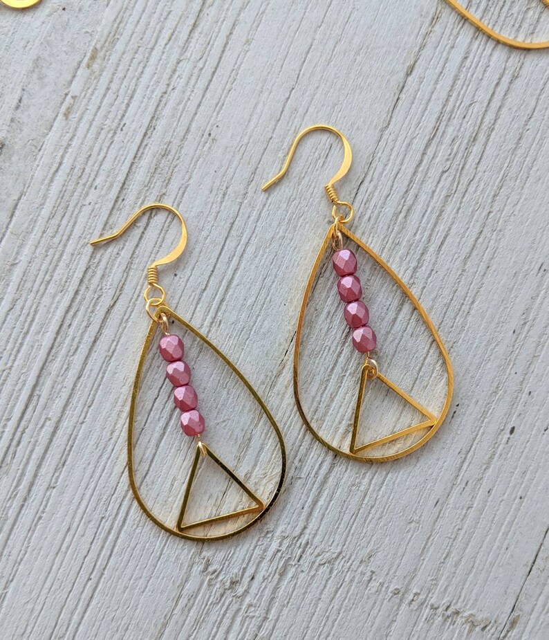 Beaded Teardrop Earrings Raindrop Earrings Geometric Earrings Small Beaded Triangle Earrings Pink Beaded EarringsOpen Drop Earrings