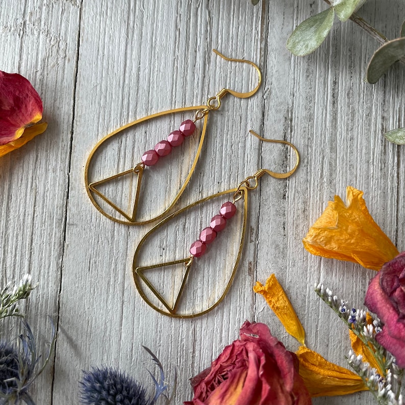 Beaded Teardrop Earrings Raindrop Earrings Geometric Earrings Small Beaded Triangle Earrings Pink Beaded EarringsOpen Drop Earrings