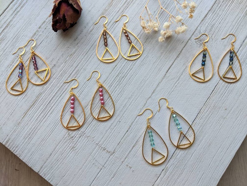 Beaded Teardrop Earrings Raindrop Earrings Geometric Earrings Small Beaded Triangle Earrings Pink Beaded EarringsOpen Drop Earrings