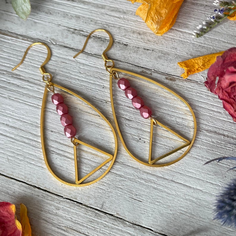 Beaded Teardrop Earrings Raindrop Earrings Geometric Earrings Small Beaded Triangle Earrings Pink Beaded EarringsOpen Drop Earrings