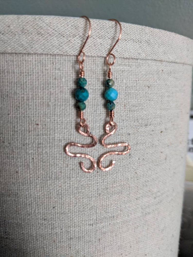 Natural Turquoise Swirl Dangle Beaded Turquoise Earrings Hammered Copper Earrings