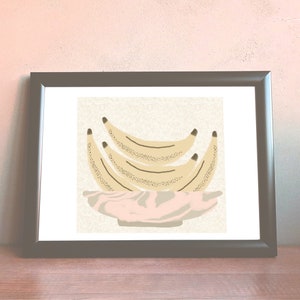 Banana art, fruit art, fruit still life, fruity art, kitchen art, art prints, pastel art, fruit poster, home deco neutral colors, bananas image 3