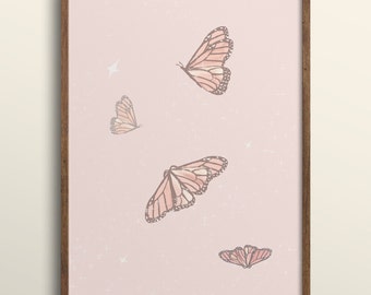 pink pastel poster print art, pastel art prints, danish pastel, butterfly art, dreamy art prints, dorm room art, 5x7 art prints, monarch